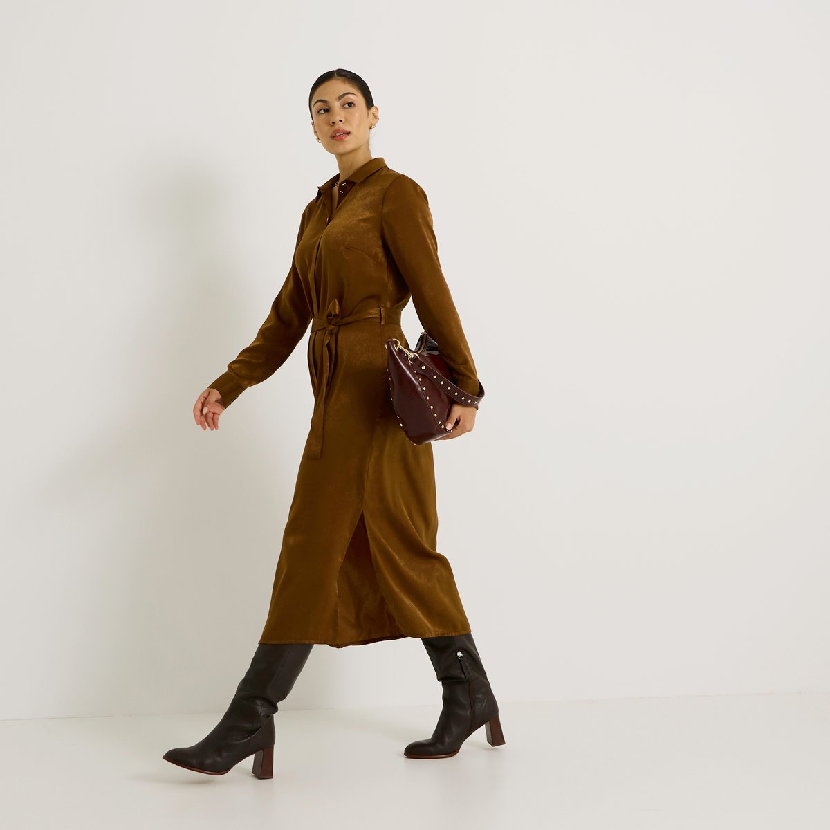 Robe longue satinée marron camel, GRAIN DE MALICE