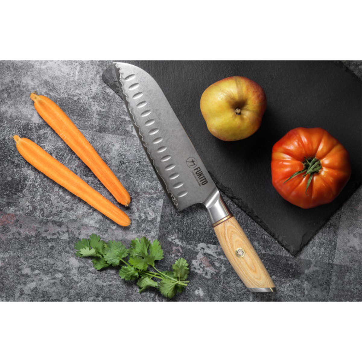 Couteau de cuisine Pakka San Mai modèle Santoku 18cm bois clair, FUKITO