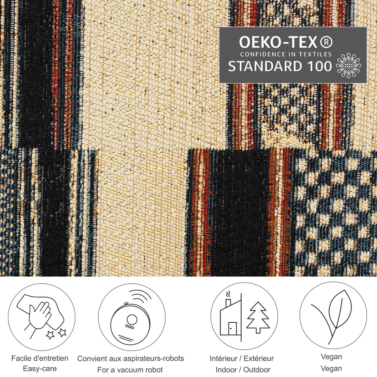 Tapis d'extérieur tissé plat à motifs géométriques - AURORA beige multicolore, GINO FALCONE