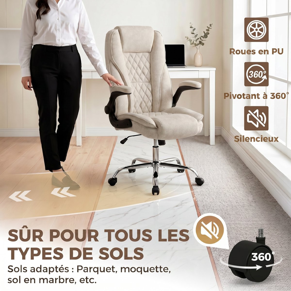 Chaise de bureau Velours (100 % polyester) beige, HOMCOM