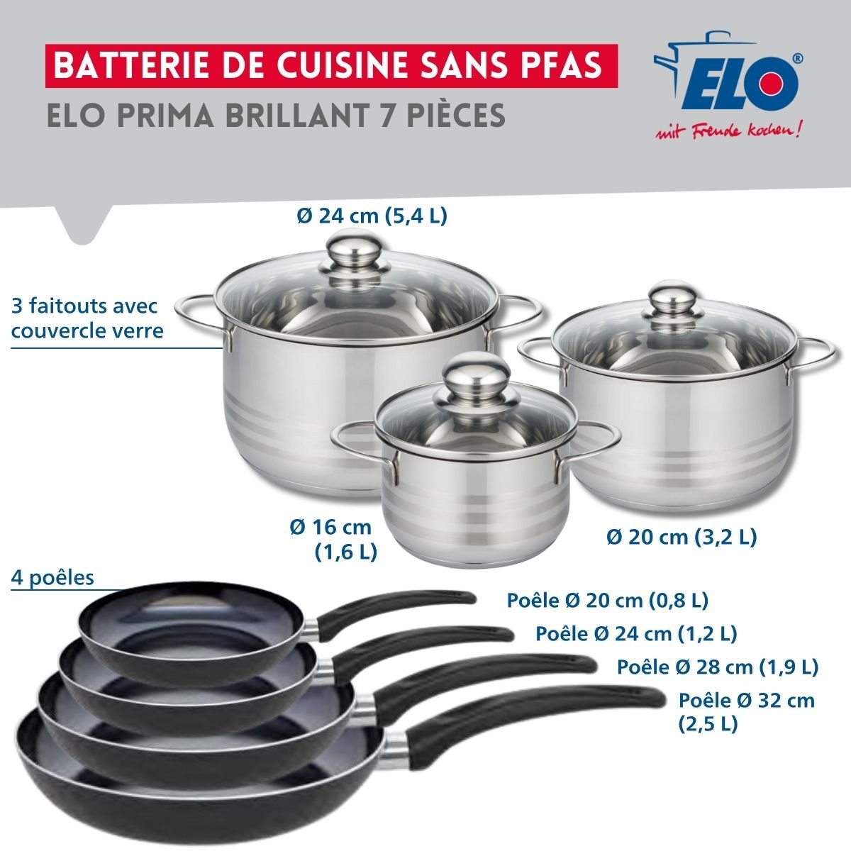 4 poêles 20/24/28/32cm + 3 faitouts 16/20/24cm PRIMA BRILLANT noir, ELO