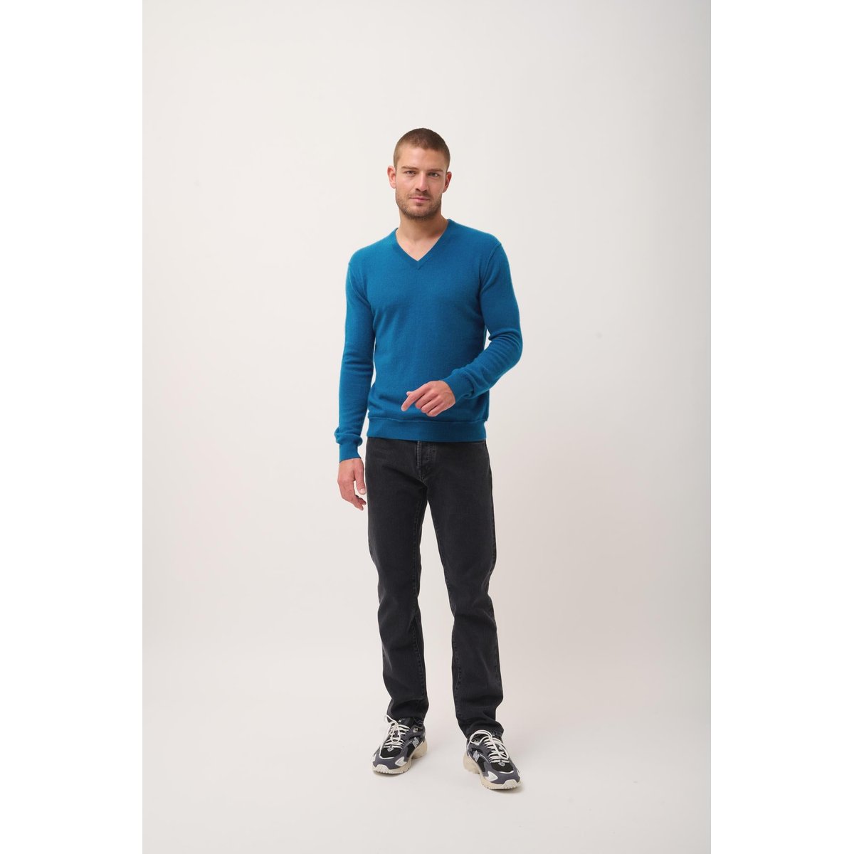 Pull Col V Paon Tom bleu vert, JUST CASHMERE