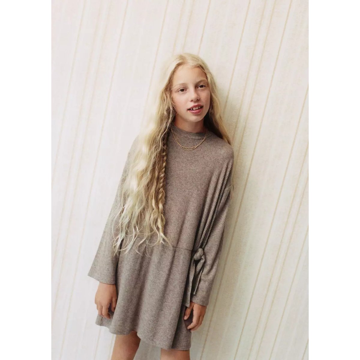 Robe côtelée à nœud gris vison, MANGO KIDS