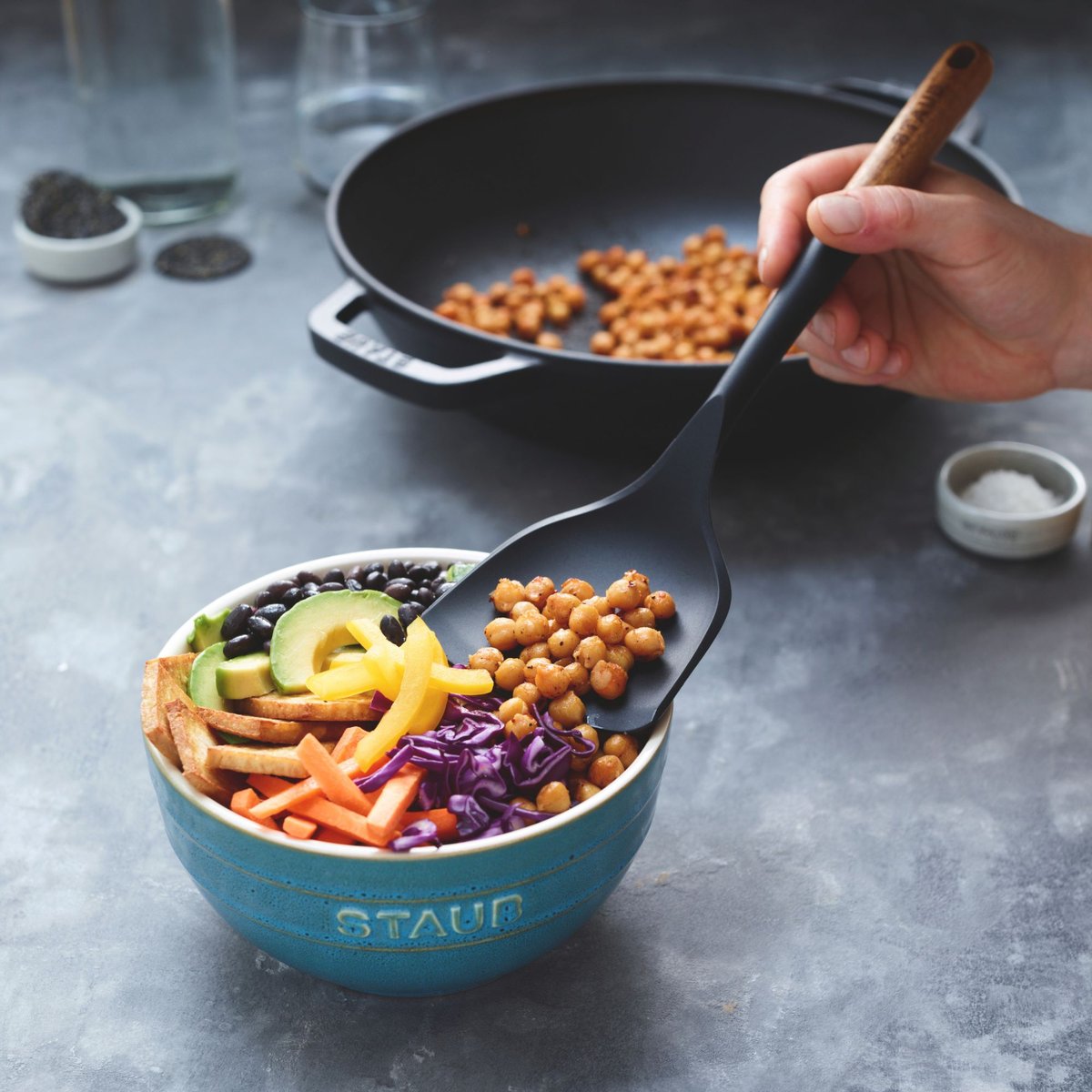 30 cm, Wok avec couvercle en verre, Gris graphite gris, STAUB
