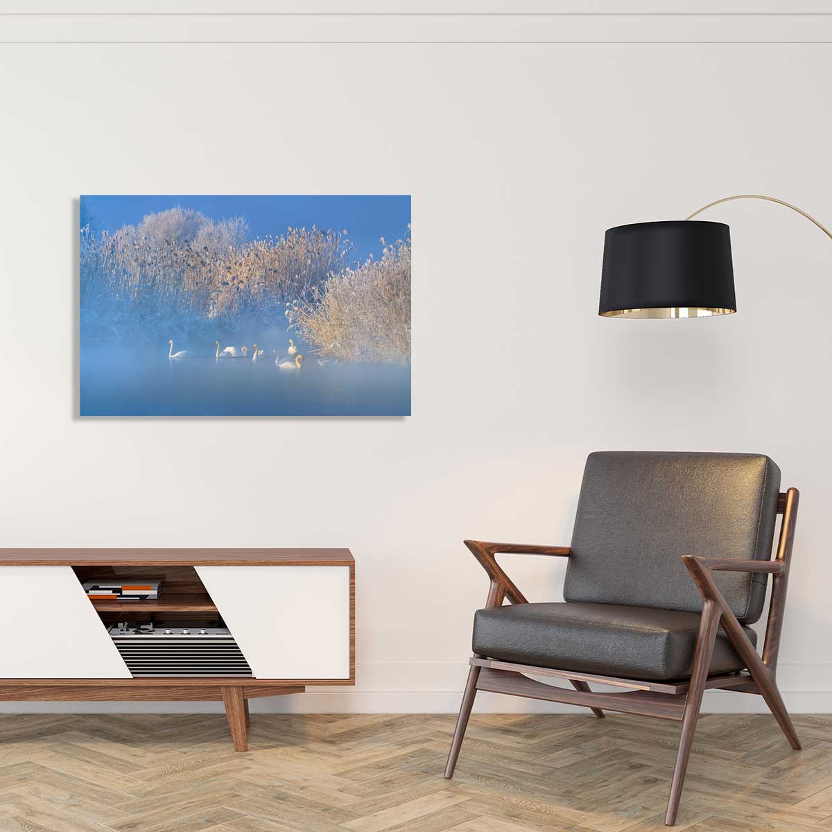 Tableau cygnes dans le givre matinal tableau alu dibond, HEXOA