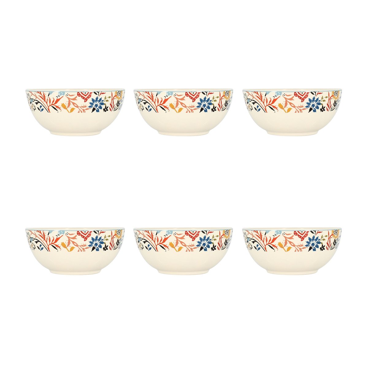 Lot de 6 bols à motif floral en grès 60cl, JAIPUR beige-bleu-orange, NOVASTYL