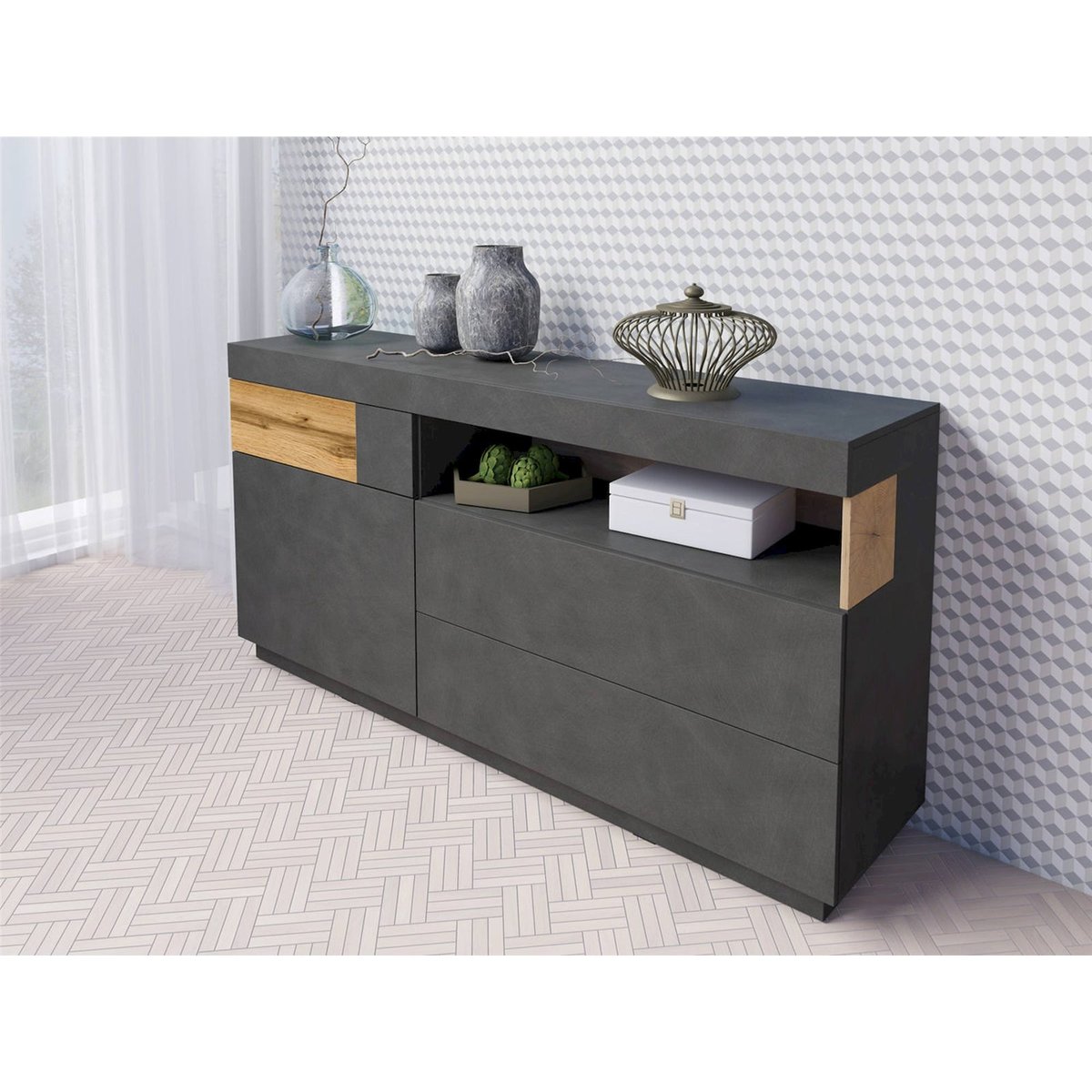 Commode 1 porte 3 tiroirs collection GALAKA matera et chêne wotan, RECOLLECTION