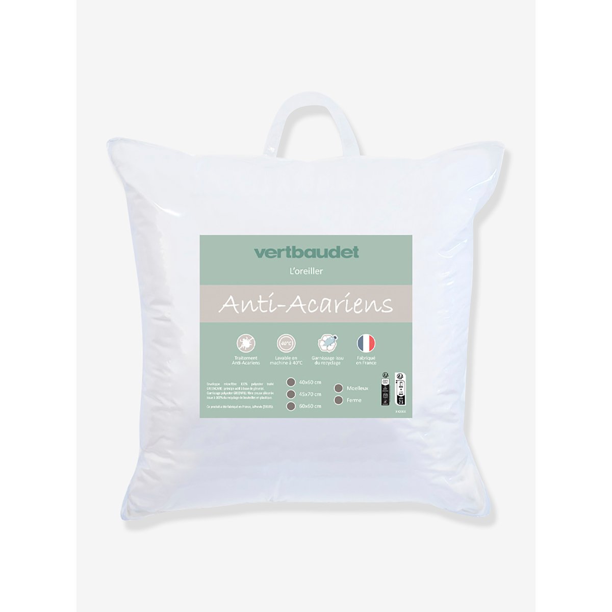 Oreiller moelleux microfibre anti-acariens GREENCARE® blanc, VERTBAUDET