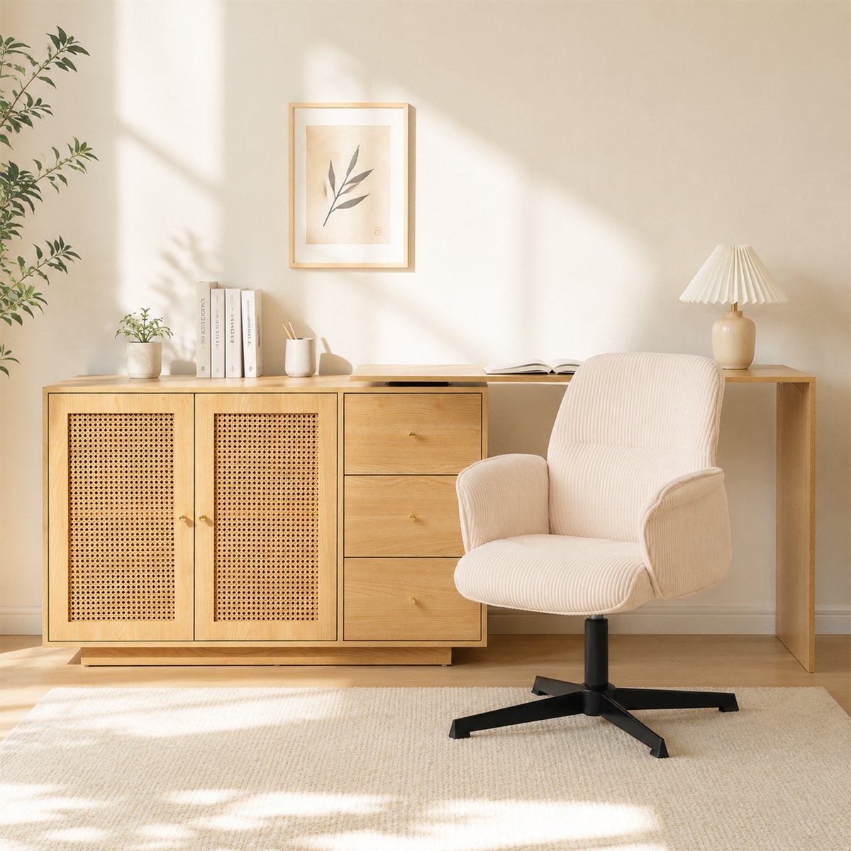 Ensemble de bureau d’angle rotatif avec portes rotin et chaise de bureau, DICCPERNTHOMASINACORD beige, MEUBLES COSY