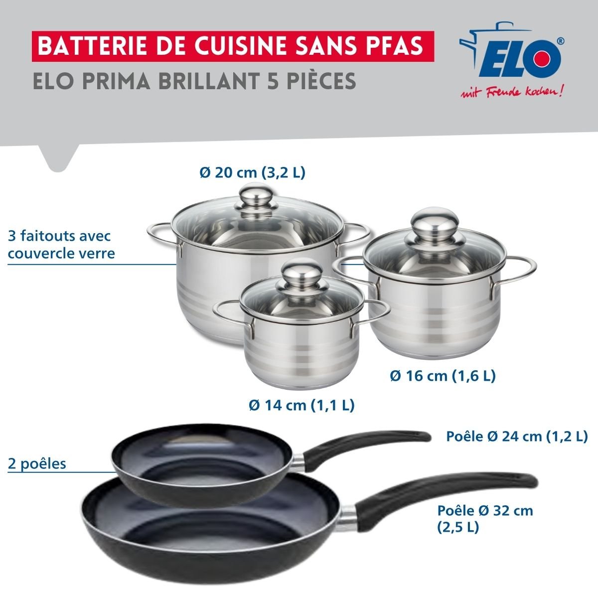 Batterie 2 poêles 24/32cm + 3 faitouts 14/16/20cm PRIMA BRILLANT noir, ELO