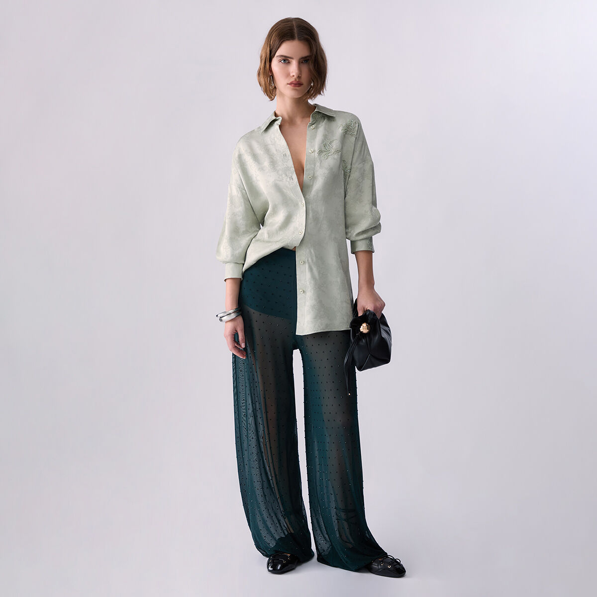 Pantalon en tulle avec broderies bijoux vert foncé, LIU JO