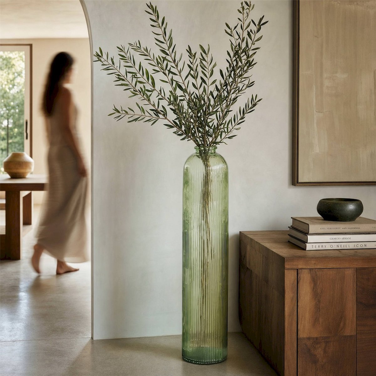 Vase strié en verre soufflé vert clair, RECOLLECTION