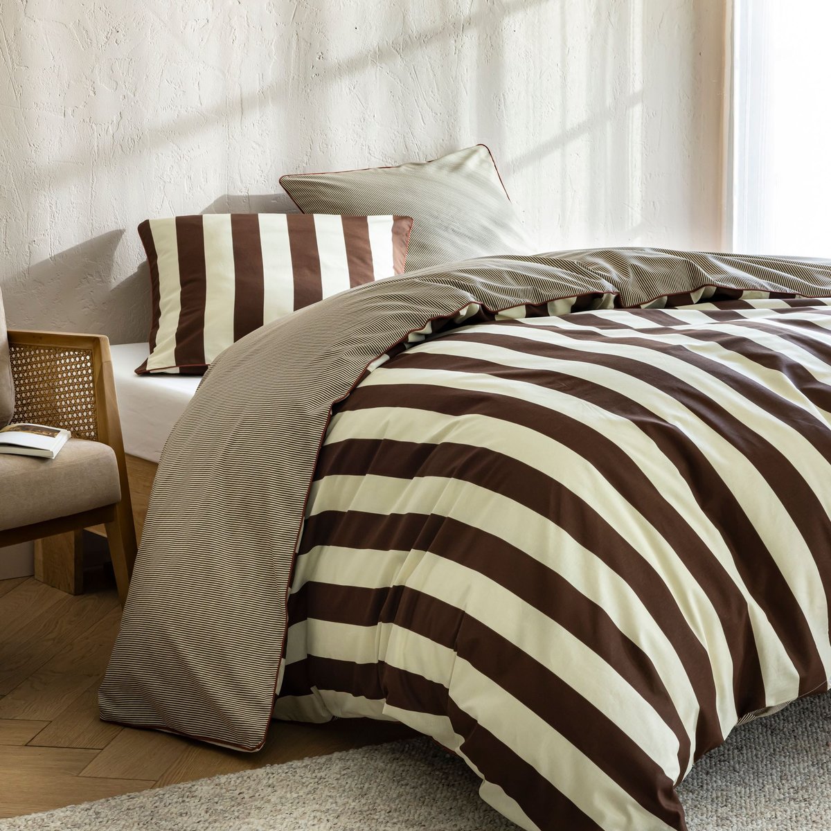 Parure de lit coton rayure  - NOVA marron, TERRE DE NUIT