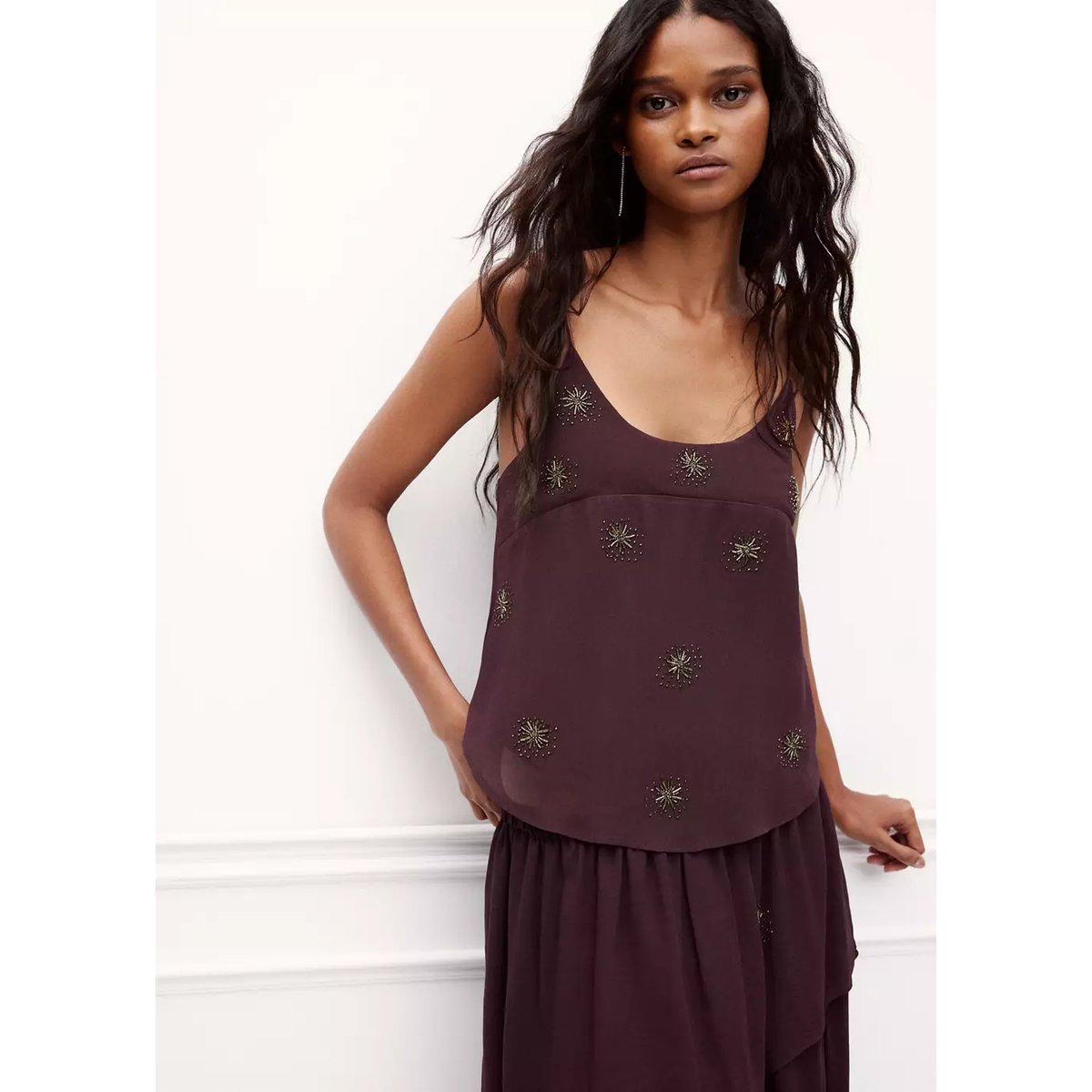 Top en mousseline brodé marron, MANGO TEEN