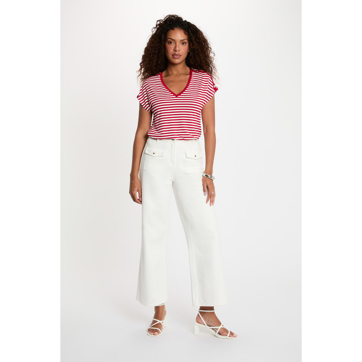 T-shirt rayé col v blanc, MORGAN