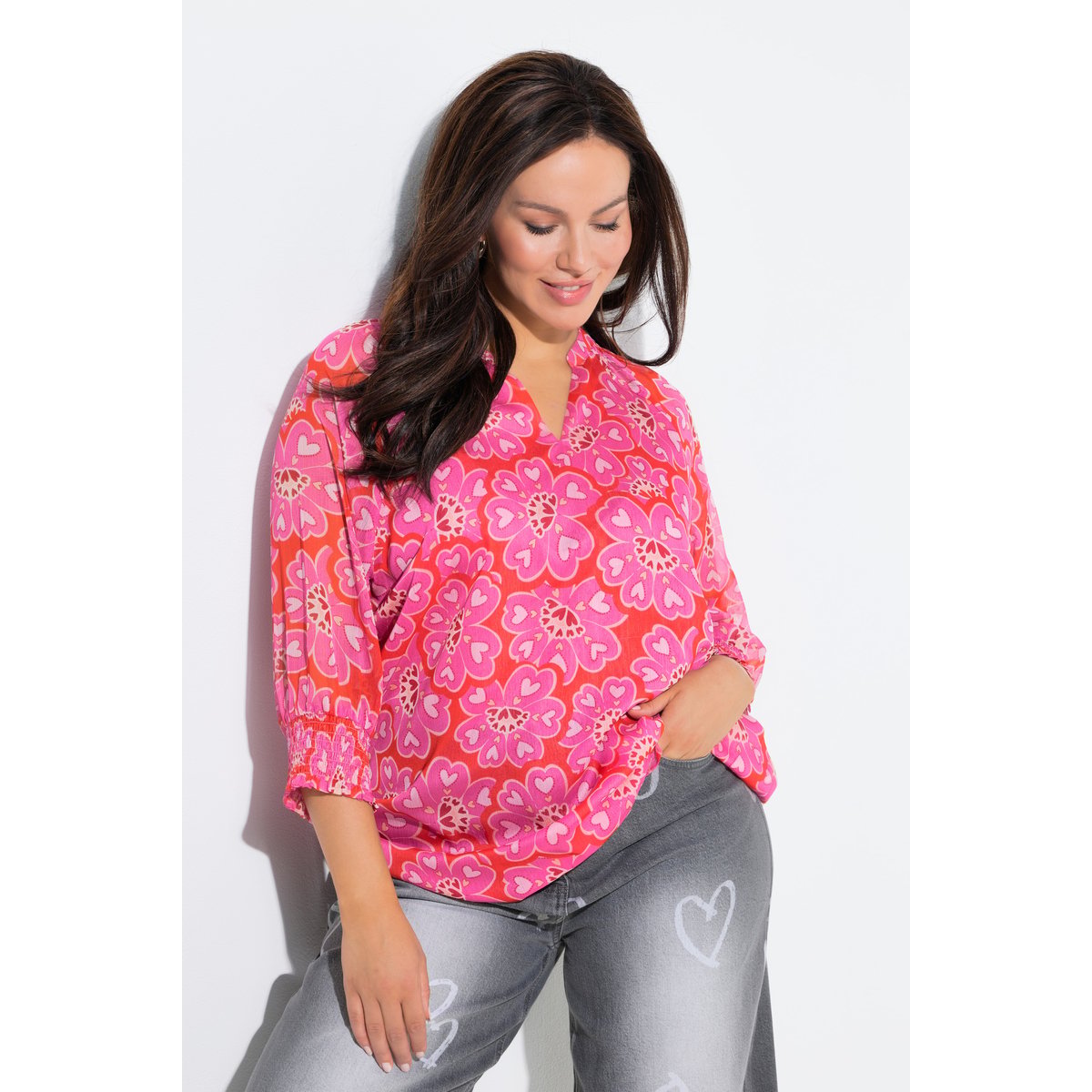 Tunique oversize motif fleurs/cœurs rose vif, ULLA POPKEN