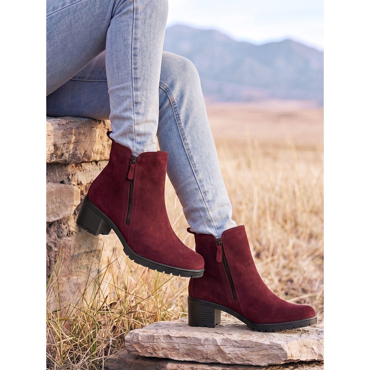 Boots dessuis cuir velours très larges bordeaux, PEDICONFORT