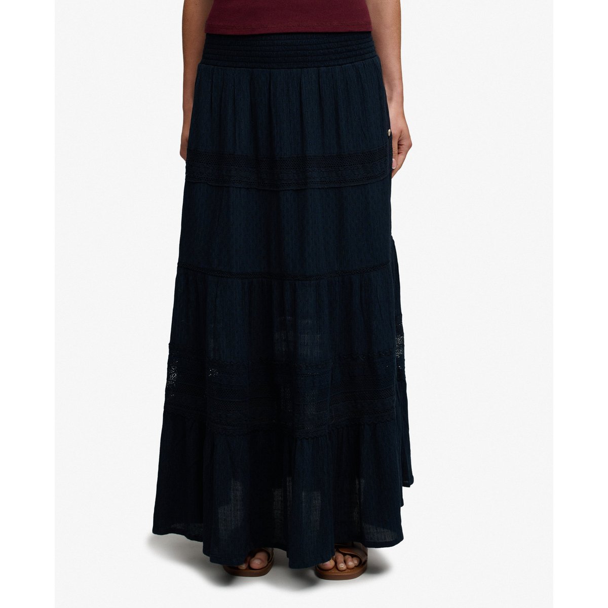 Jupe longue Ibiza ajourée ceinture smokée bleu marine éclipse, SUPERDRY