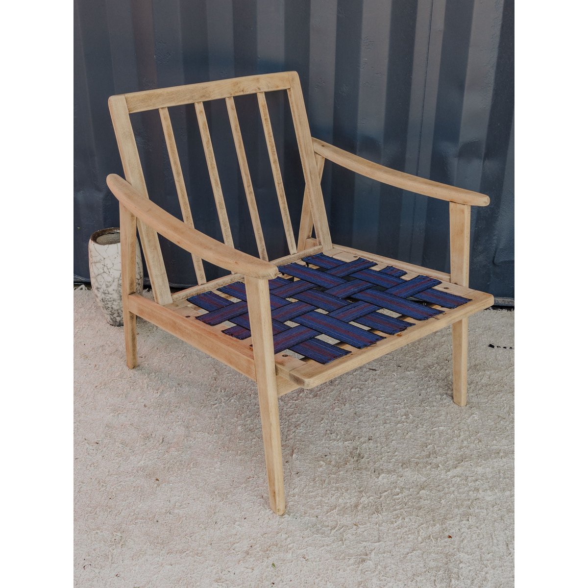 Fauteuil en bois et coussins en tissu orange Jakob N°1181 - Bon état bois clair, DEBONGOUT
