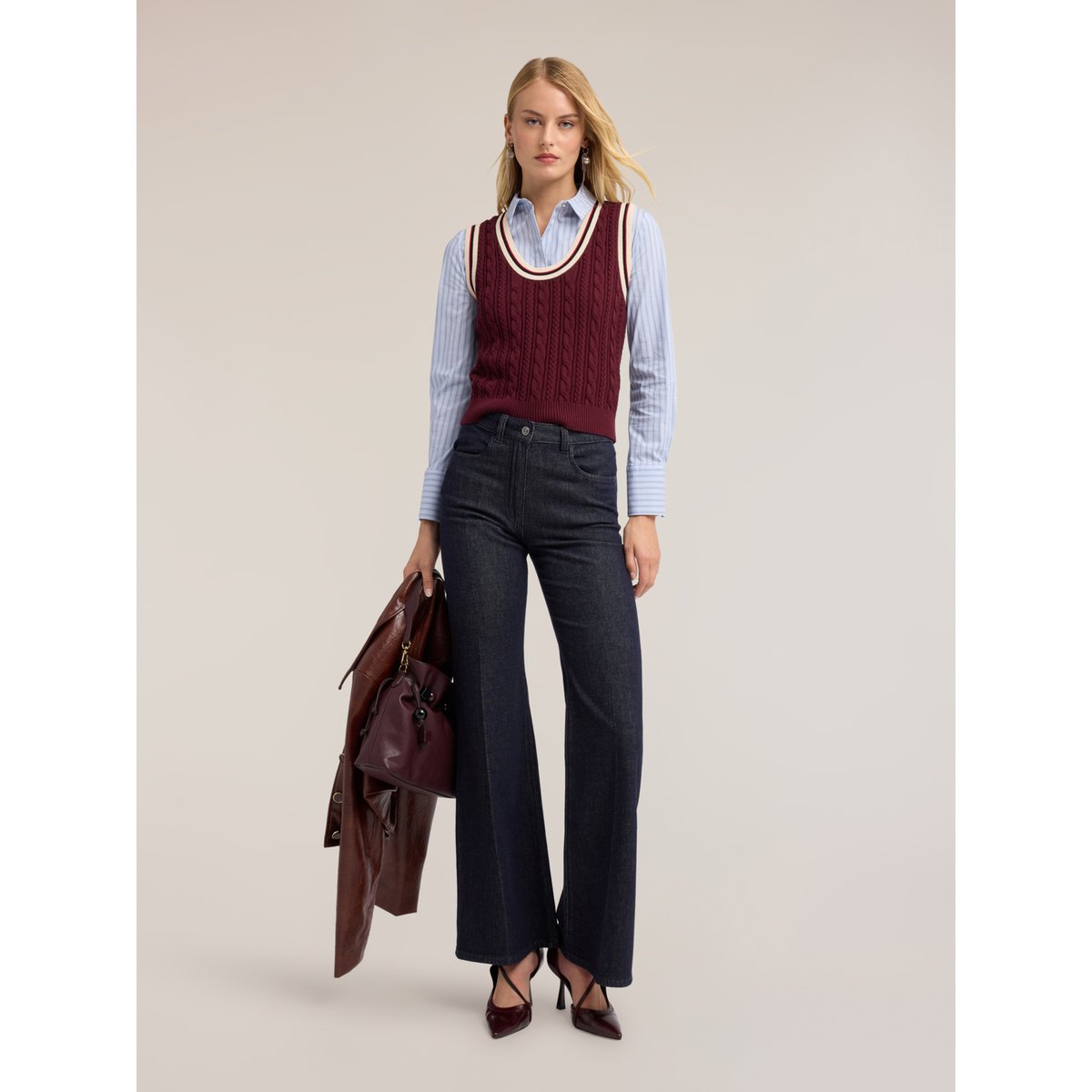 Top tressé avec bords rayés burgundy, MOTIVI