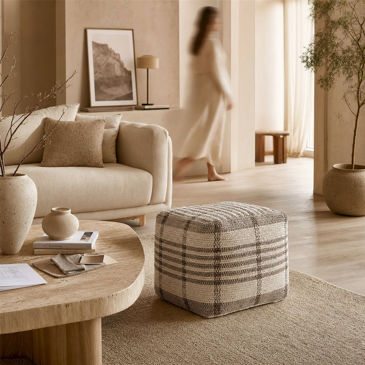 Pouf carré en coton beige et marron, RECOLLECTION
