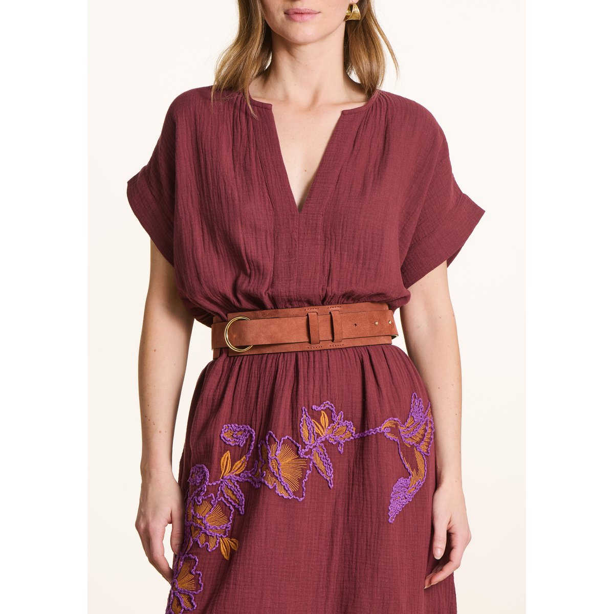 Ceinture large en cuir avec surjet marron, LA FEE MARABOUTEE