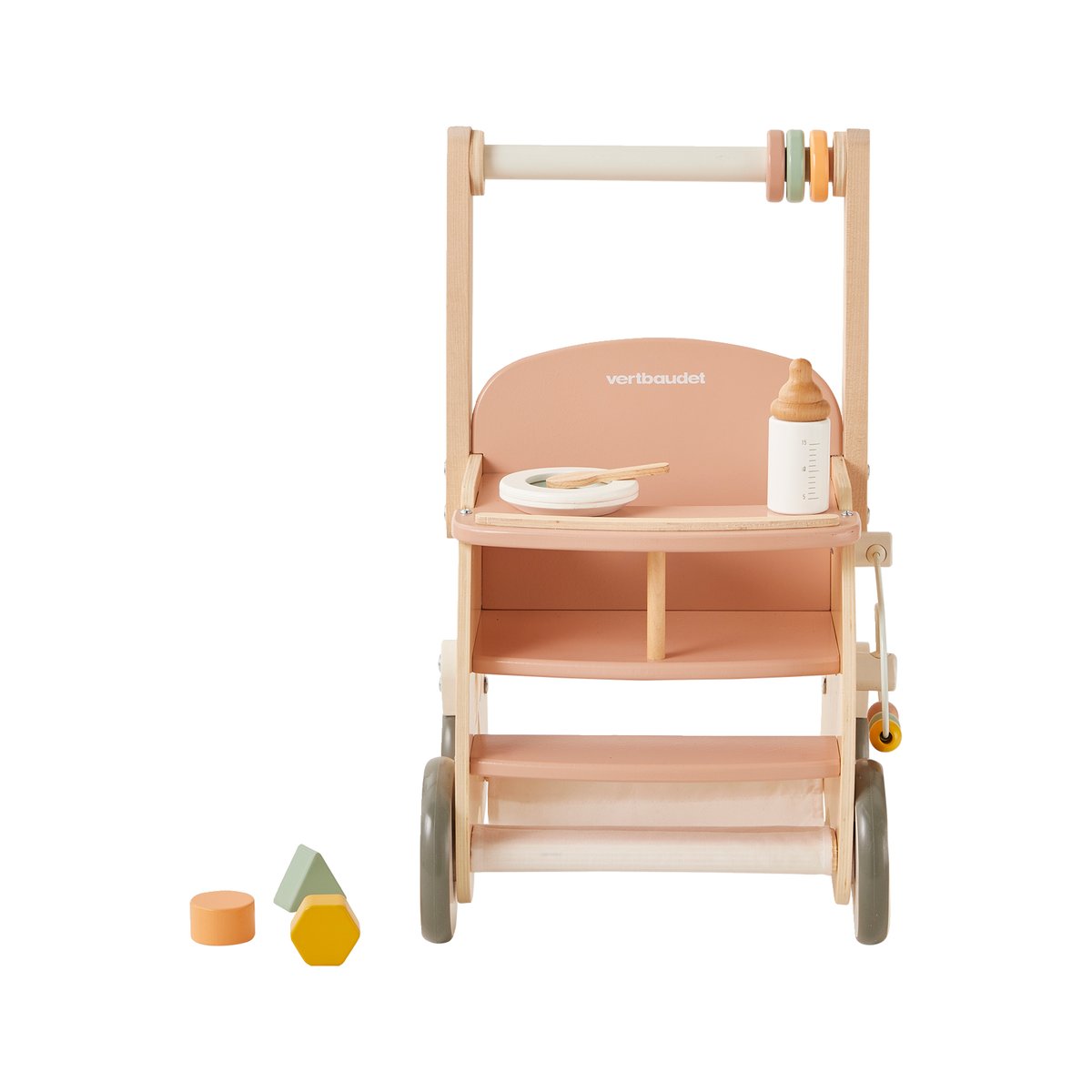 Chariot de marche poussette en bois rose, VERTBAUDET