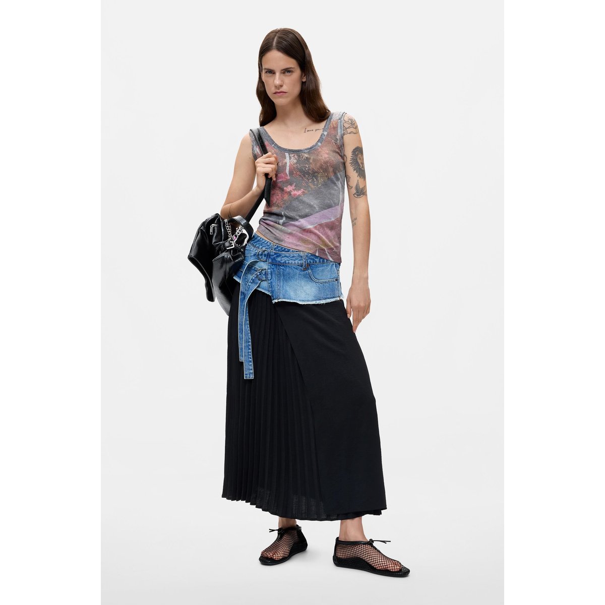 Jupe longue plissée en denim bleu clair, DESIGUAL