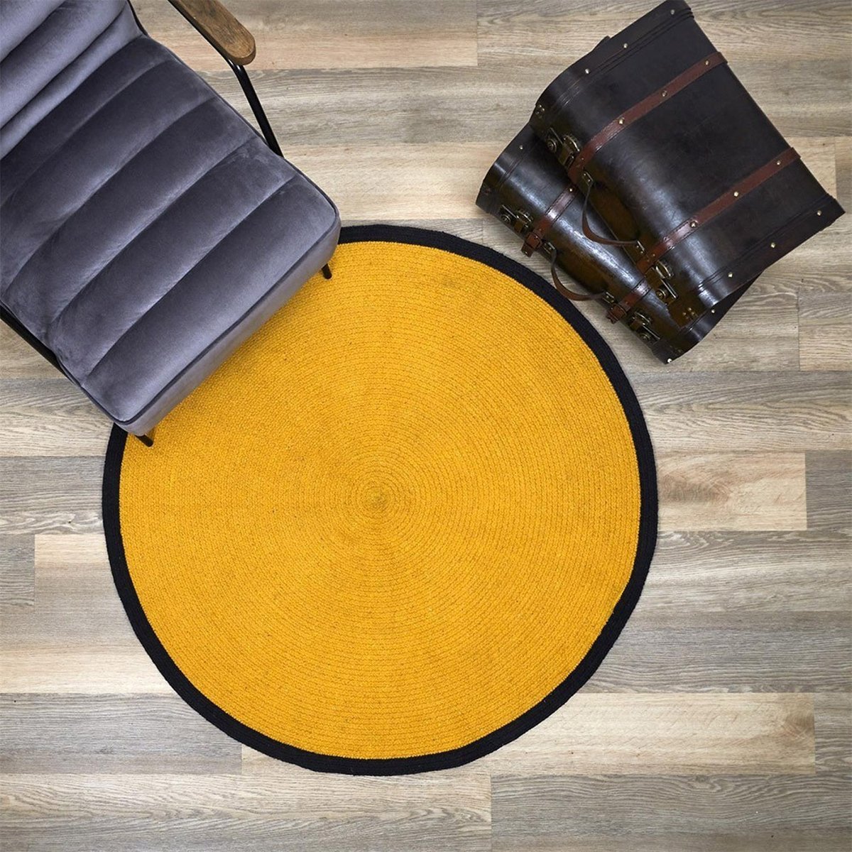 Tapis Rond Moutarde Bord Noir D120 Coton jaune, DECORATIE