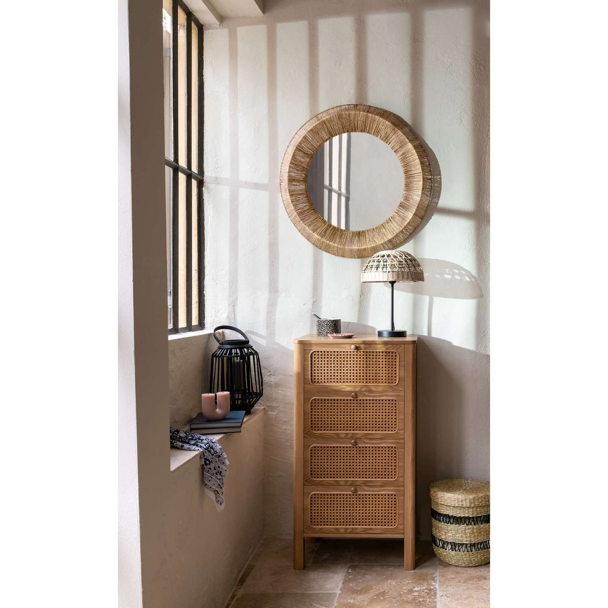 Chiffonnier 4 tiroirs en cannage TIRIA marron, ATMOSPHERA