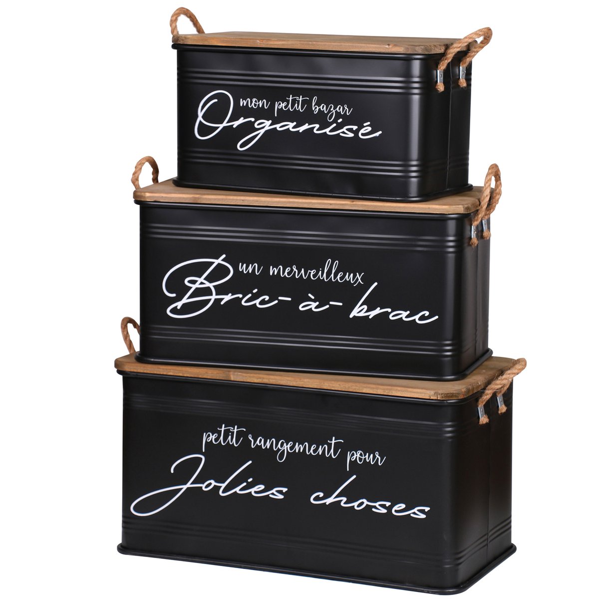 Set de 3 malles en métal et bois 68x35x35cm noir, URBAN LIVING