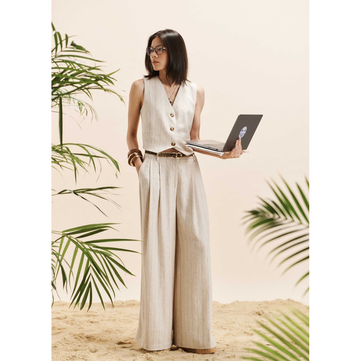 Pantalon large à rayures chanvre, LA FEE MARABOUTEE