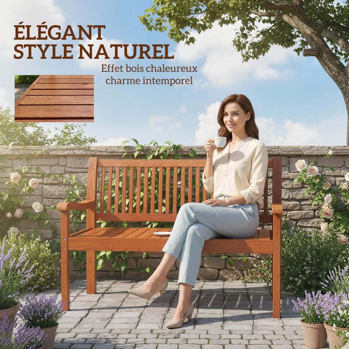 Banc de jardin Bois de peuplier Bois clair marron clair, OUTSUNNY