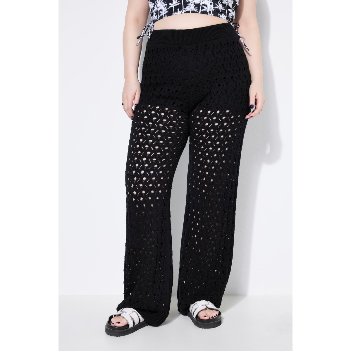 Pantalon jambe droite, maille ajourée noir, STUDIO UNTOLD