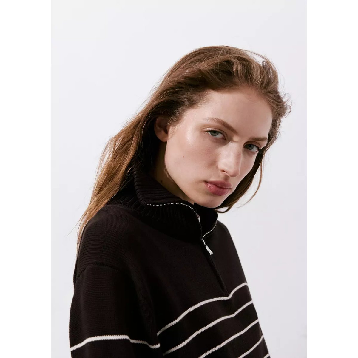Pull-over zippé rayures marron, MANGO