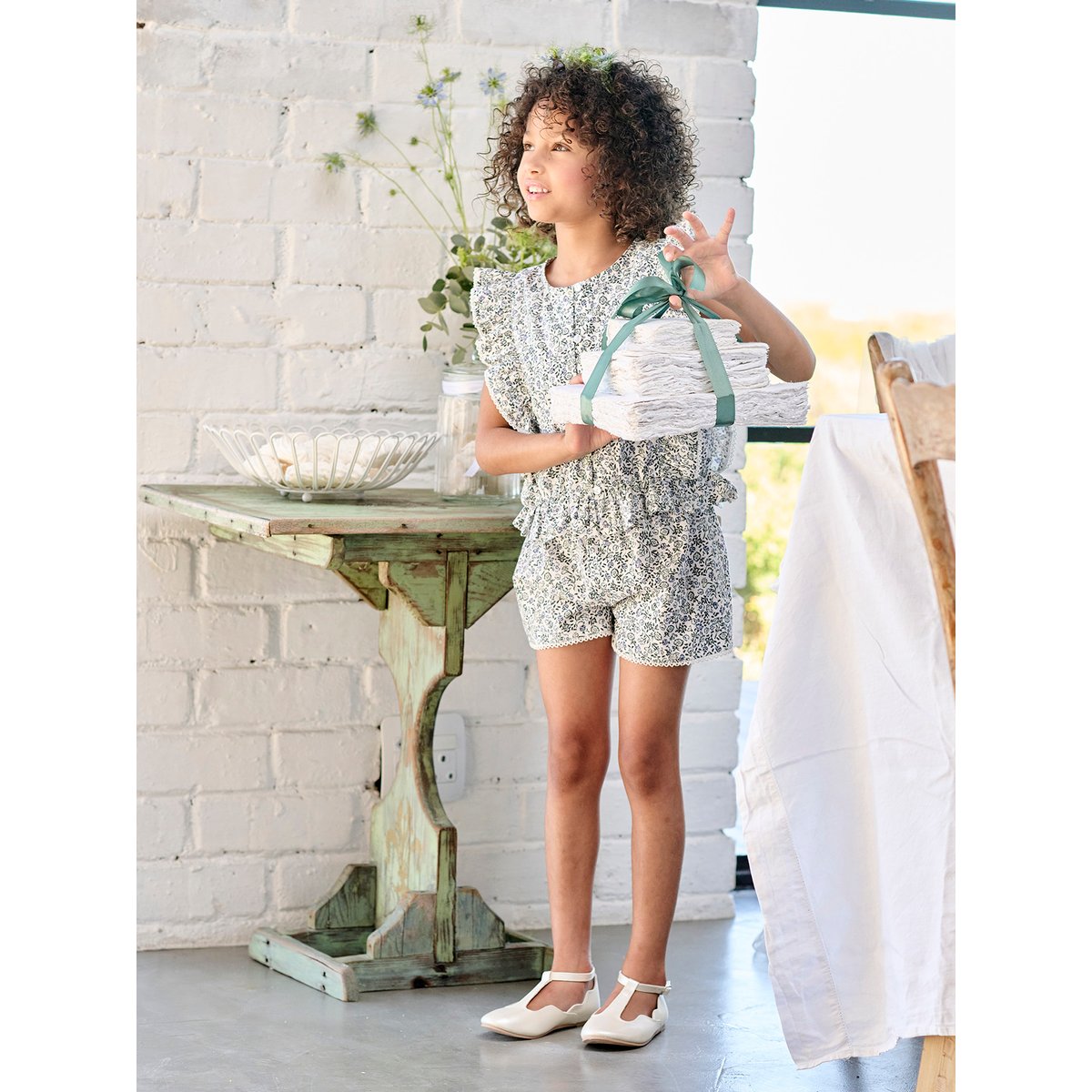 Ensemble blouse + short cérémonie bleu imprimé, VERTBAUDET