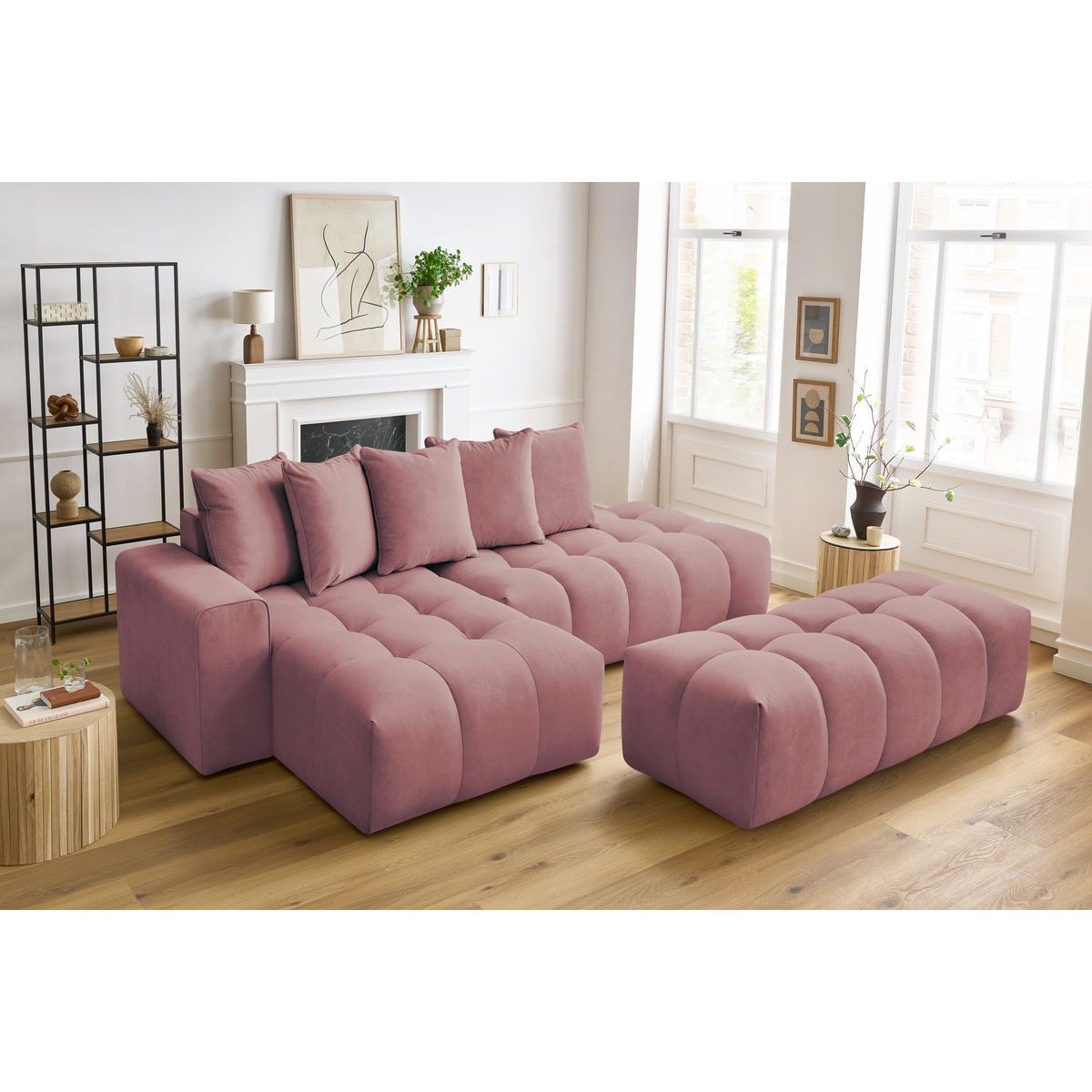 Canapé d'angle fixe 4 places en velours avec pouf, MONT-BLANC rose, BOBOCHIC