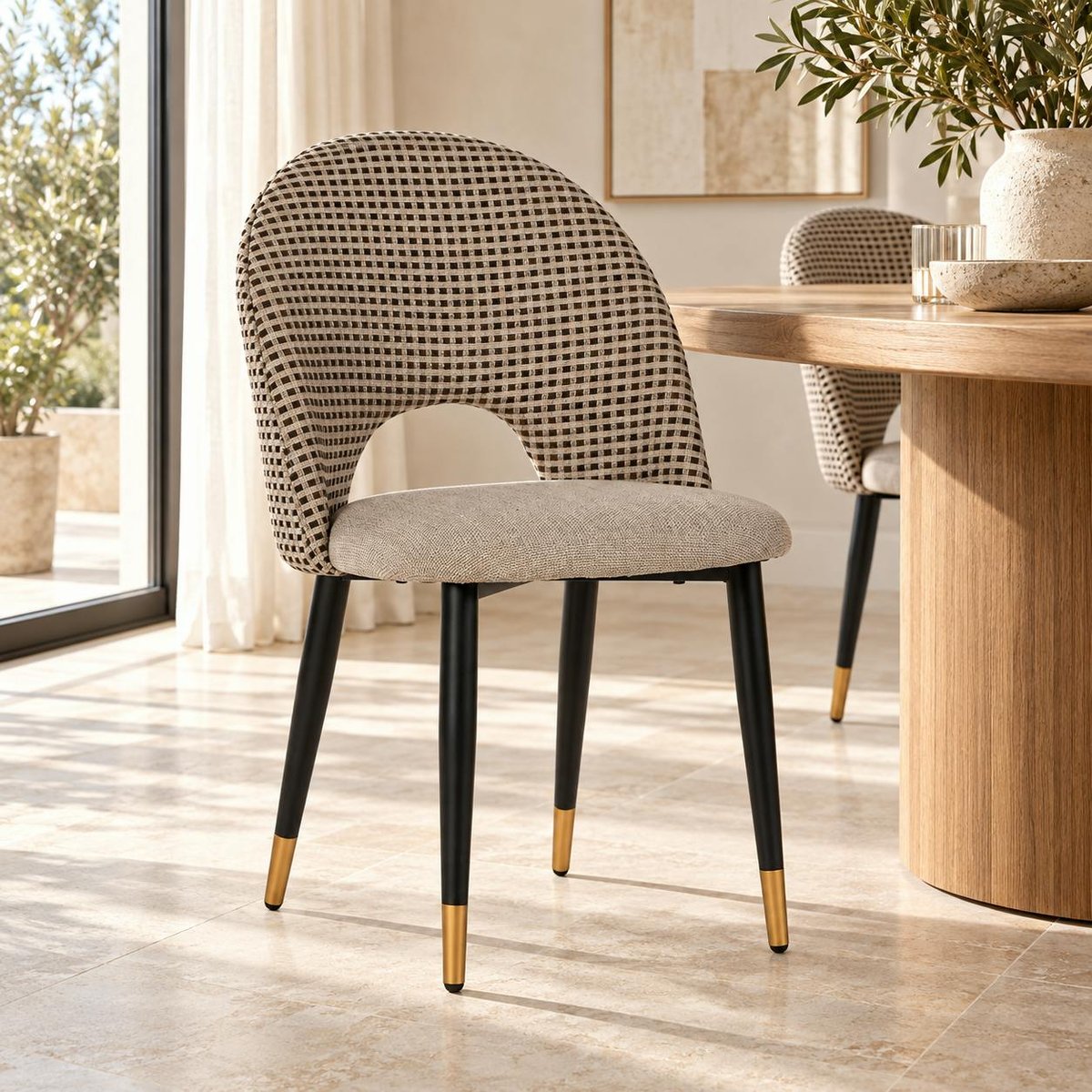 Chaise salle à manger tissu quadrillé taupe (lot de 2) MALMOE taupe, PIER IMPORT