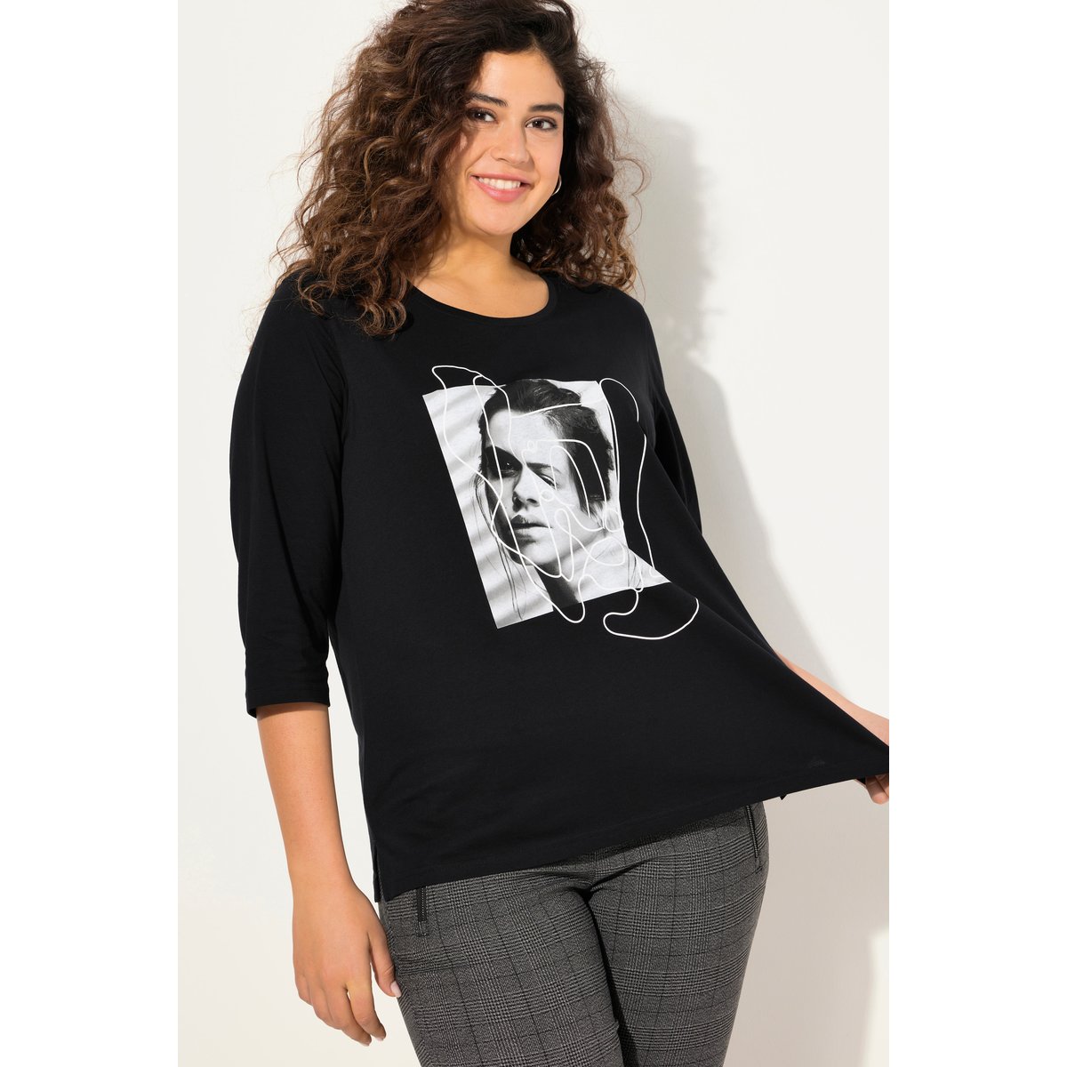 T-shirt avec imprimé, col rond et manches 3/4 noir, ULLA POPKEN