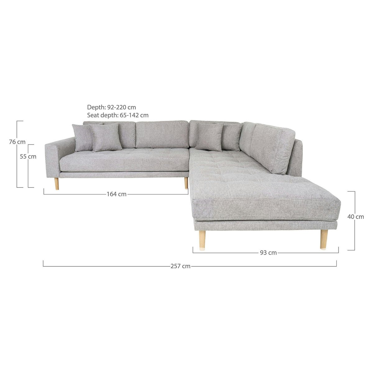 Canapé d'angle en tissu avec coussins AMSTERDAM gris clair - méridienne droite, PIER IMPORT