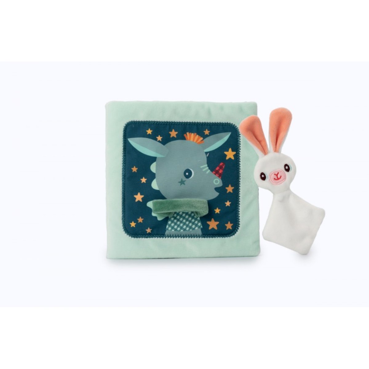 Livre d'activités tissu Stella et son doudou vert d'eau, bleu, blanc, LILLIPUTIENS