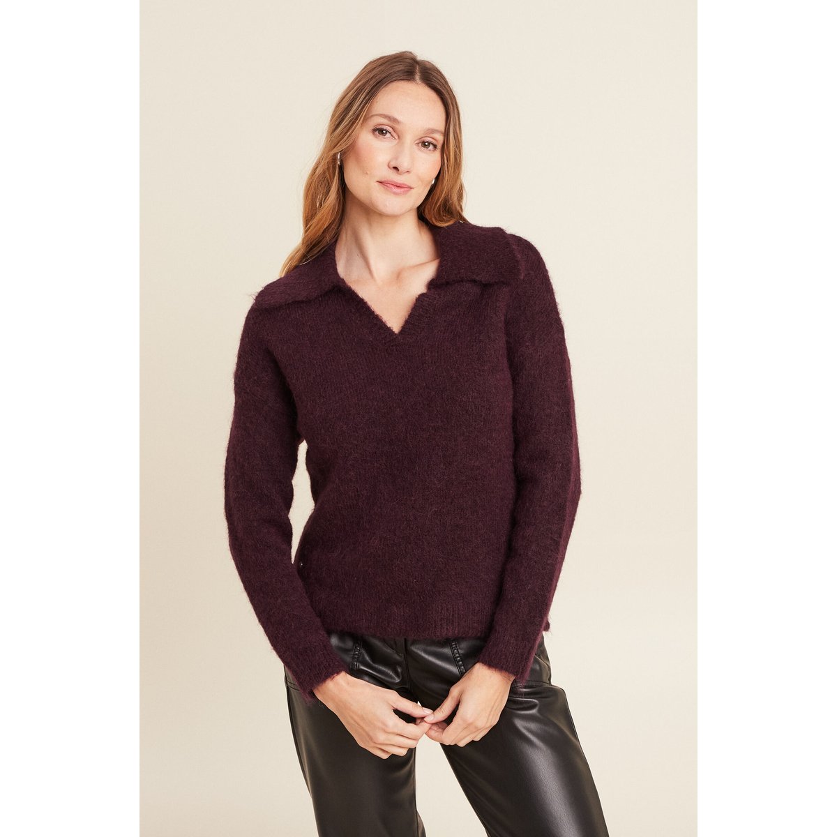 Pull manches longues col polo bordeaux, BREAL
