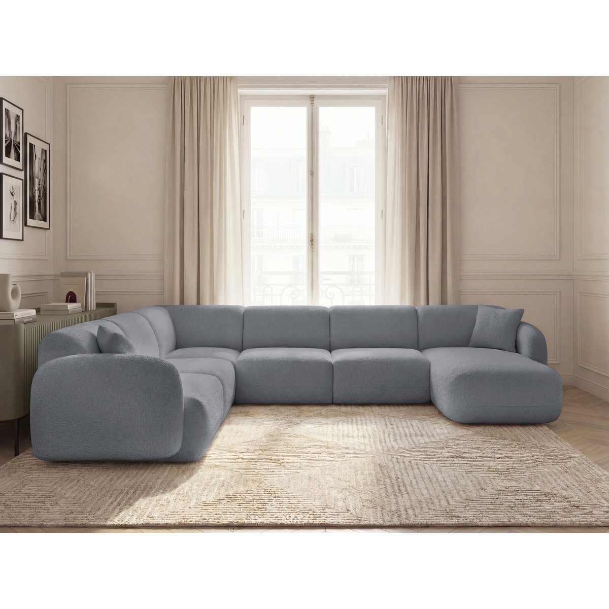 Canapé modulable 6 places en tissu chenille, ANDA gris, BOBOCHIC