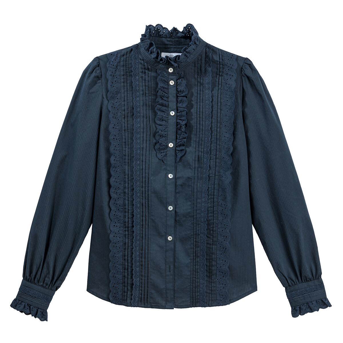 Signatures Eugenie Cotton Blouse with Ruffles navy blue, LA REDOUTE COLLECTIONS