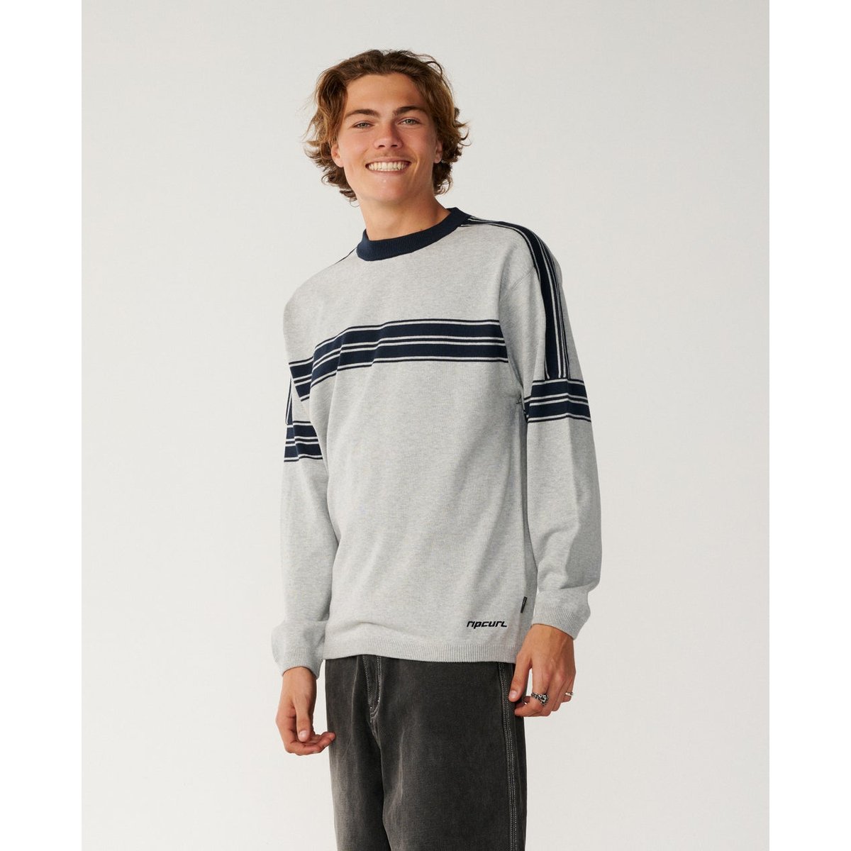 Pull col rond rayé ARCHIVE TWU gris chiné, RIP CURL