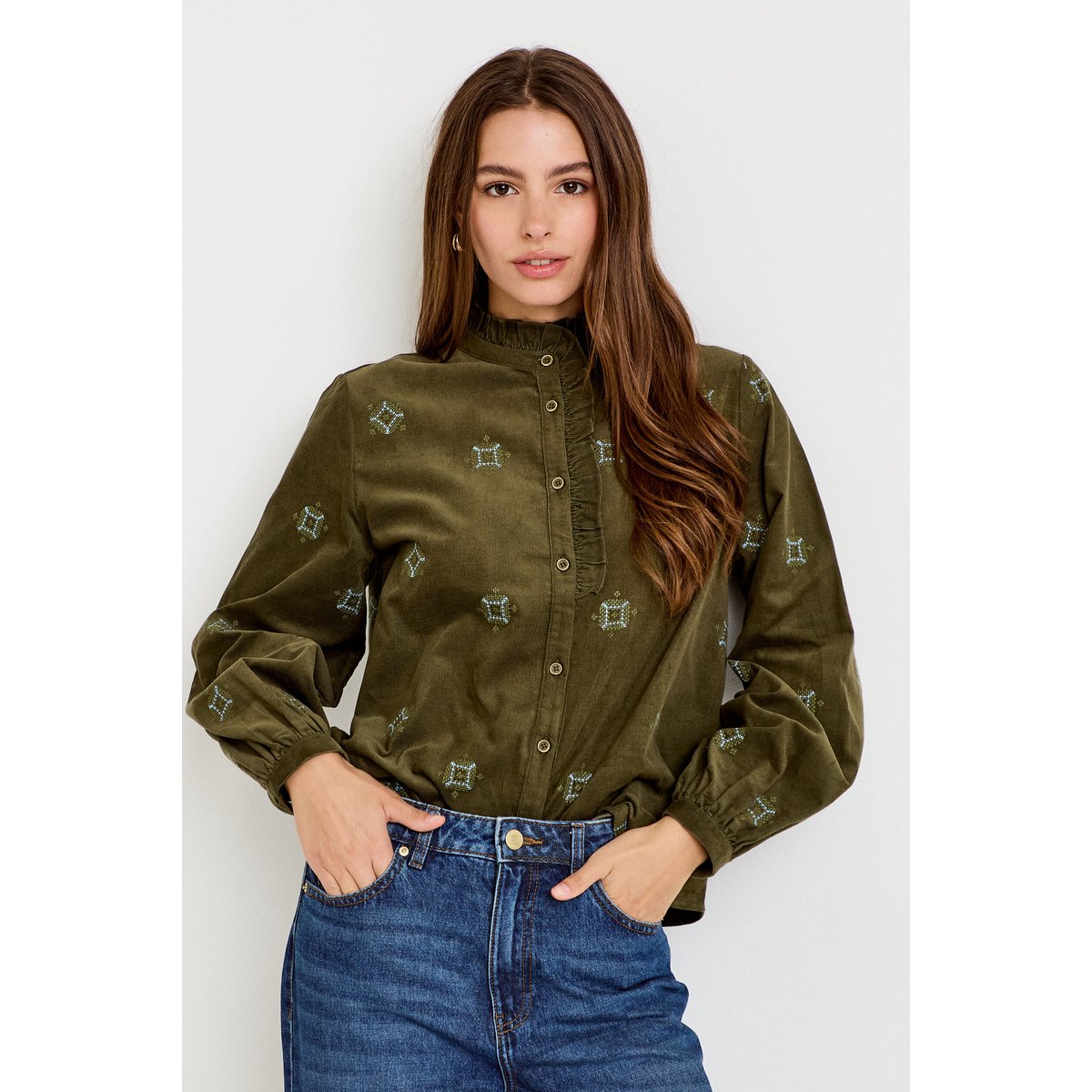 Chemise droite velours col montant vert kaki, CACHE CACHE