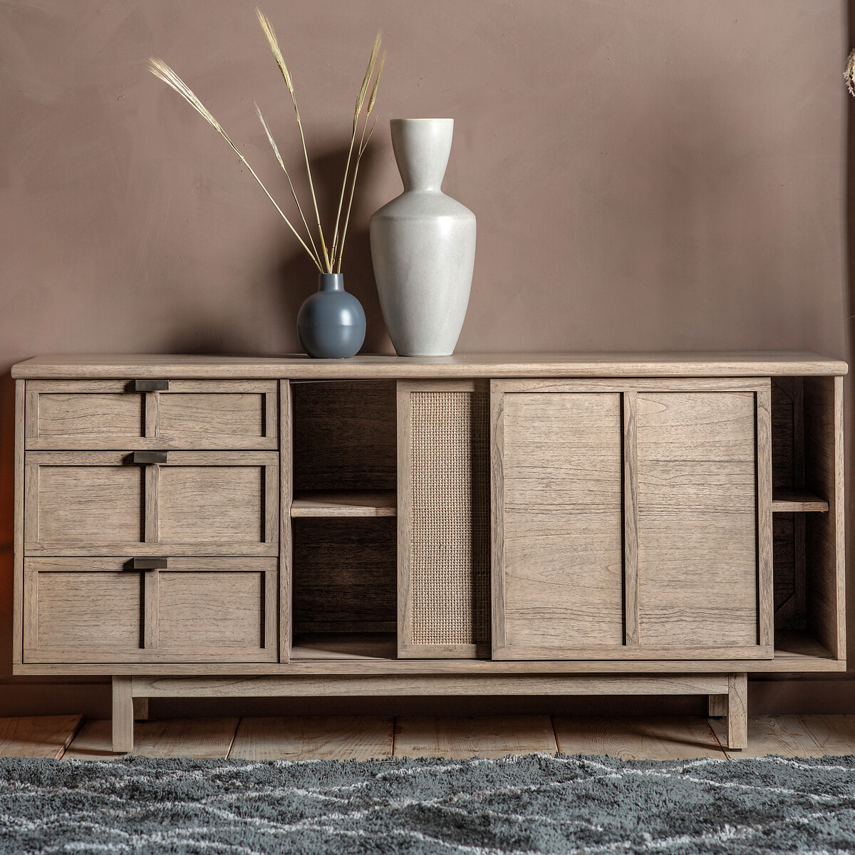 Bharhut Japandi Panelled Rattan Large 2 Door Sideboard wood, ÉDITÉ