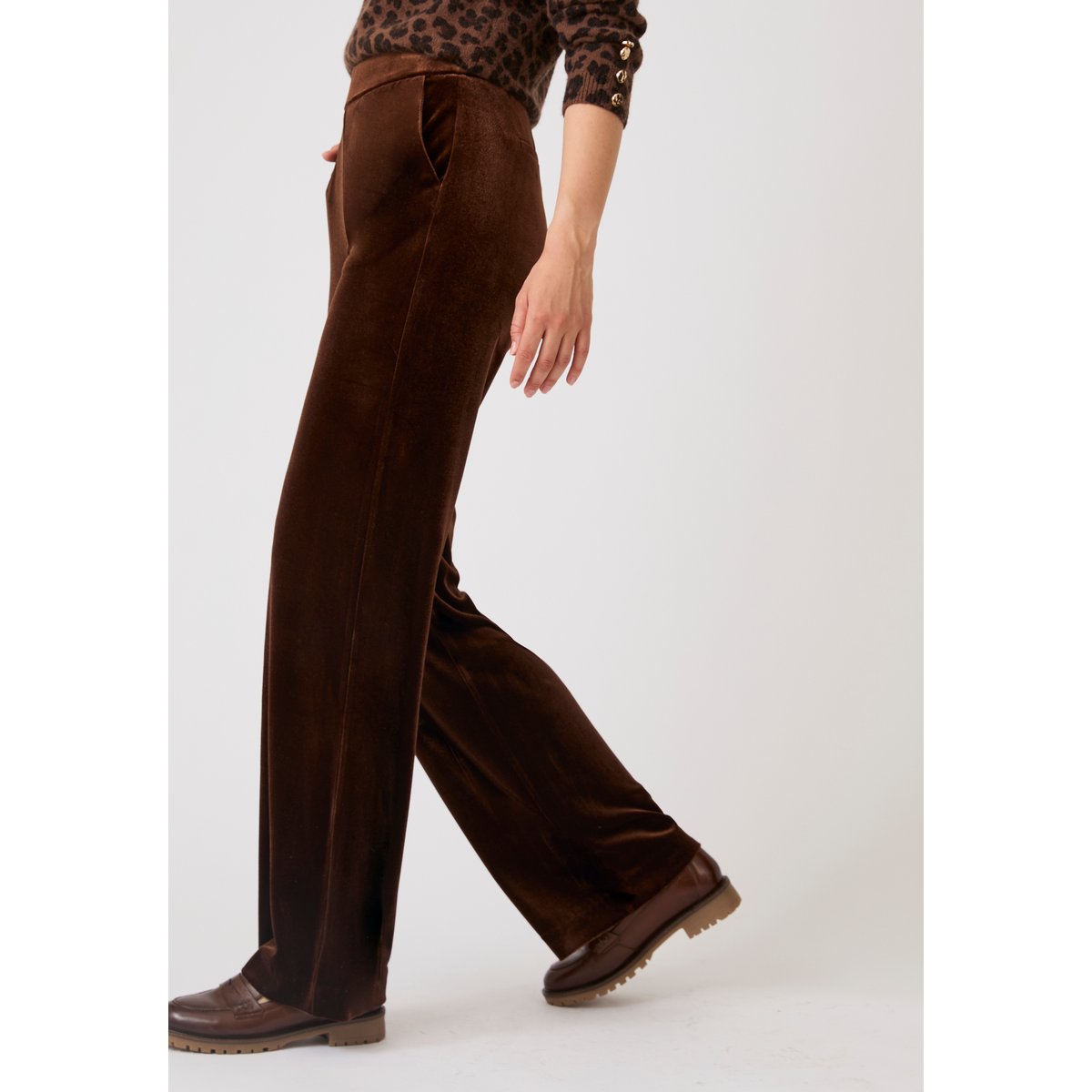 Pantalon enfilable velours brillant marron chocolat, DAMART
