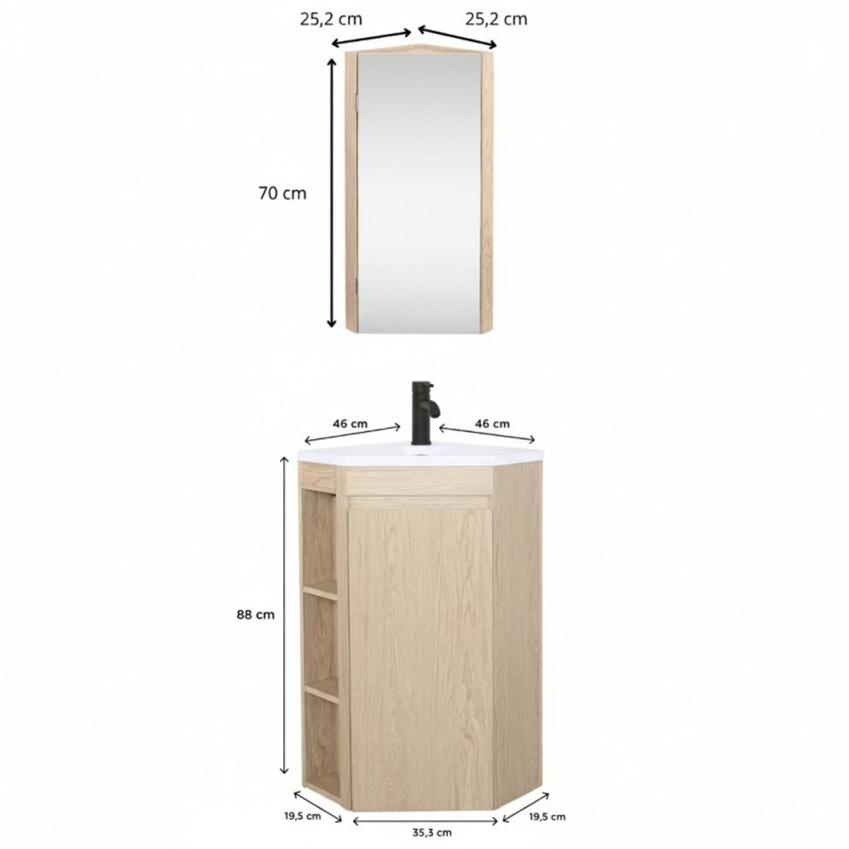 Meuble d'angle sur pieds avec vasque, robinet et armoire miroir SORRENTO décor chêne, MOB IN