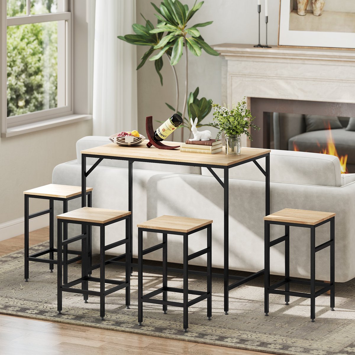 Ensemble de table de bar Métal Beige beige, bois clair, noir, HOMCOM